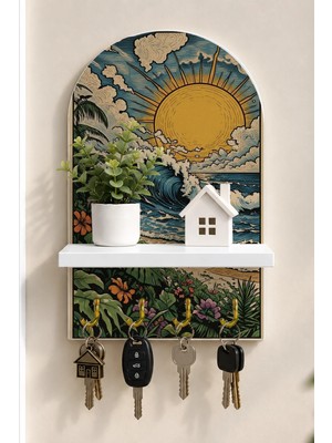 Onyx Lab Onyxlab Tropikal Dalgalar ve Güneş Temalı Raflı 4 Kancalı Duvar Anahtarlığı, 35 x 20 Cm, Mdf