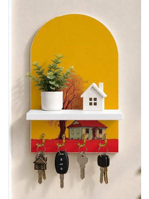 Soprano Sarı Fonlu Ağaç ve Kır Evi Temalı Raflı 4 Kancalı Duvar Anahtarlığı, 35 x 20 Cm, Mdf