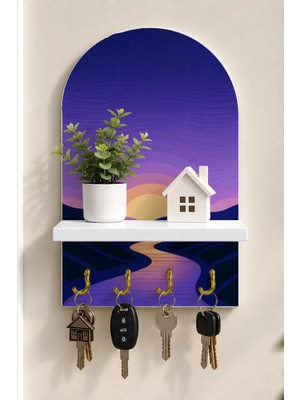 Onyx Lab Onyxlab Mor Gün Batımında Nehir Temalı Raflı 4 Kancalı Duvar Anahtarlığı, 35 x 20 Cm, Mdf