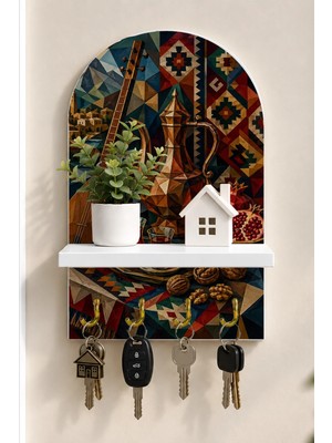 Soprano Geleneksel Çalgılar ve Türk Sofrası Temalı Raflı 4 Kancalı Duvar Anahtarlığı, 35 x 20 Cm, Mdf