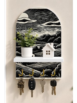 Soprano Siyah Beyaz Dağ ve Göl Baskısı Temalı Raflı 4 Kancalı Duvar Anahtarlığı, 35 x 20 Cm, Mdf