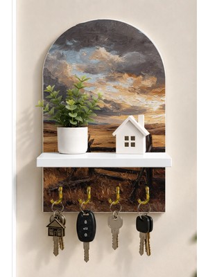 Soprano Bulutlu Kır Yolu Temalı Raflı 4 Kancalı Duvar Anahtarlığı, 35 x 20 Cm, Mdf