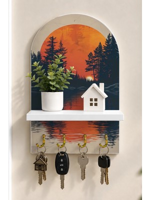 Soprano Turuncu Güneşte Çam Ormanı Temalı Raflı 4 Kancalı Duvar Anahtarlığı, 35 x 20 Cm, Mdf