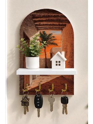 Soprano Gün Batımında Çöl Sütunları Temalı Raflı 4 Kancalı Duvar Anahtarlığı, 35 x 20 Cm, Mdf