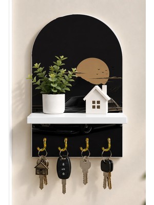 Onyx Lab Onyxlab Dolunayda Siyah Klasik Otomobil Temalı Raflı 4 Kancalı Duvar Anahtarlığı, 35 x 20 Cm, Mdf