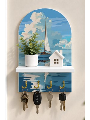 Onyx Lab Onyxlab Mavi Denizde Beyaz Yelkenli Temalı Raflı 4 Kancalı Duvar Anahtarlığı, 35 x 20 Cm, Mdf