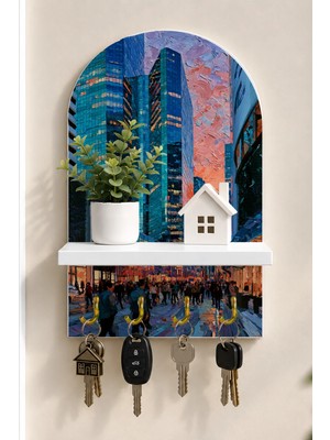 Soprano Renkli Manhattan Sokağı Temalı Raflı 4 Kancalı Duvar Anahtarlığı, 35 x 20 Cm, Mdf