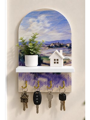 Soprano Lavanta Tarlaları Temalı Raflı 4 Kancalı Duvar Anahtarlığı, 35 x 20 Cm, Mdf