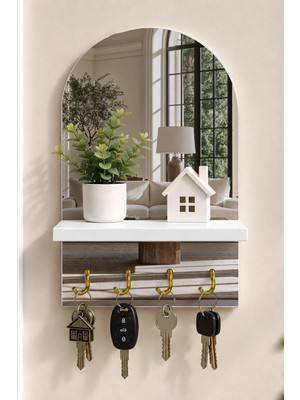 Onyx Lab Onyxlab Krem Rengi Salon Temalı Raflı 4 Kancalı Duvar Anahtarlığı, 35 x 20 Cm, Mdf