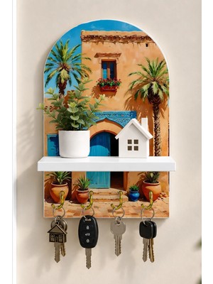 Soprano Mavi Kapılı Akdeniz Evi Temalı Raflı 4 Kancalı Duvar Anahtarlığı, 35 x 20 Cm, Mdf