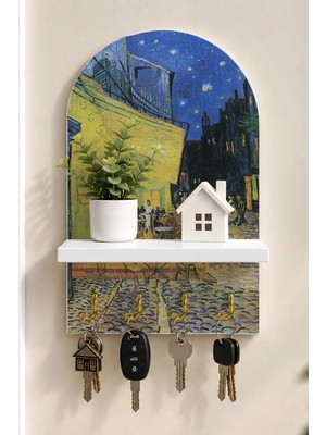 Soprano Yıldızlı Gece Kafe Sokağı Temalı Raflı 4 Kancalı Duvar Anahtarlığı, 35 x 20 Cm, Mdf