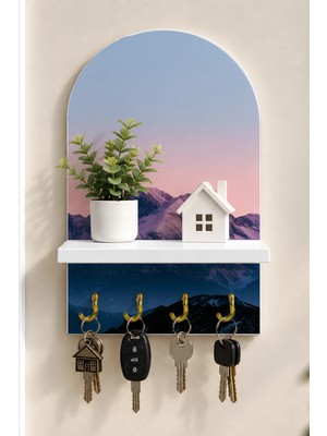 Onyx Lab Onyxlab Mor Dağlarda Gün Doğumu Temalı Raflı 4 Kancalı Duvar Anahtarlığı, 35 x 20 Cm, Mdf