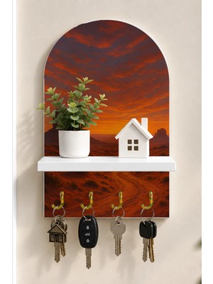 Soprano Gün Batımında Çöl Yolu Temalı Raflı 4 Kancalı Duvar Anahtarlığı, 35 x 20 Cm, Mdf