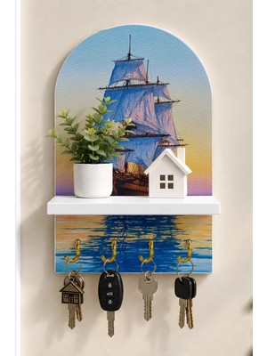 Onyx Lab Onyxlab Gün Batımında Yelkenli Gemi Temalı Raflı 4 Kancalı Duvar Anahtarlığı, 35 x 20 Cm, Mdf