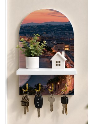 Onyx Lab Onyxlab Alacakaranlıkta Kıyı Şehri Temalı Raflı 4 Kancalı Duvar Anahtarlığı, 35 x 20 Cm, Mdf