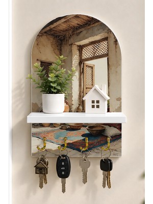 Soprano Rustik Avluda Seramik Küpler Temalı Raflı 4 Kancalı Duvar Anahtarlığı, 35 x 20 Cm, Mdf