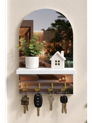 Soprano Modern Havuzlu Teras Temalı Raflı 4 Kancalı Duvar Anahtarlığı, 35 x 20 Cm, Mdf