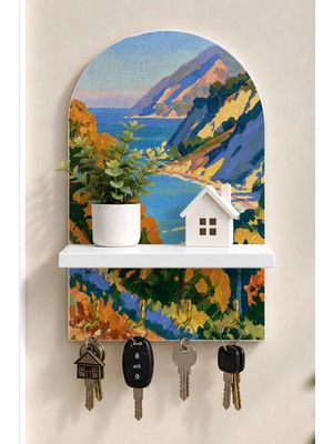 Soprano Kıyı Kayalıkları Temalı Raflı 4 Kancalı Duvar Anahtarlığı, 35 x 20 Cm, Mdf