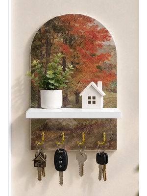 Soprano Sonbahar Ormanında Kır Yolu Temalı Raflı 4 Kancalı Duvar Anahtarlığı, 35 x 20 Cm, Mdf