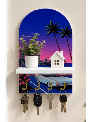 Soprano Palmiyeli Şehirde Klasik Otomobil Temalı Raflı 4 Kancalı Duvar Anahtarlığı, 35 x 20 Cm, Mdf
