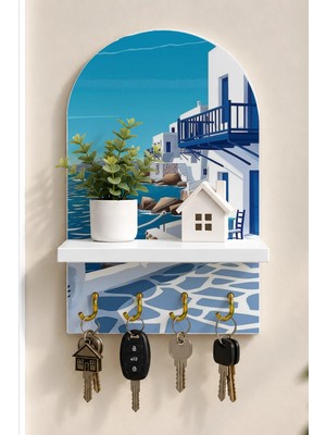 Soprano Beyaz Evli Ege Kıyısı Temalı Raflı 4 Kancalı Duvar Anahtarlığı, 35 x 20 Cm, Mdf