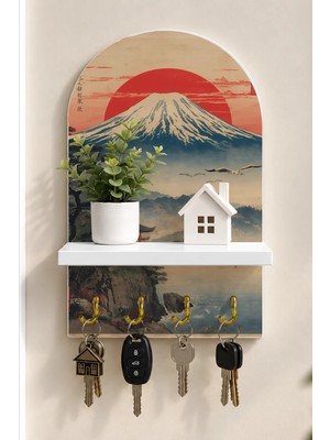 Soprano Fuji Dağı ve Japon Manzarası Temalı Raflı 4 Kancalı Duvar Anahtarlığı, 35 x 20 Cm, Mdf