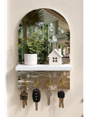 Soprano Modern Salon Temalı Raflı 4 Kancalı Duvar Anahtarlığı, 35 x 20 Cm, Mdf