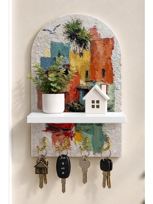 Soprano Renkli Kıyı Evleri ve Tekne Temalı Raflı 4 Kancalı Duvar Anahtarlığı, 35 x 20 Cm, Mdf