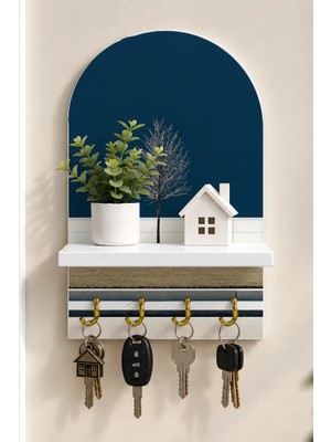 Soprano Mavi Fon Önünde Yalnız Ağaç Temalı Raflı 4 Kancalı Duvar Anahtarlığı, 35 x 20 Cm, Mdf