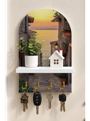 Onyx Lab Onyxlab Gün Batımında Taş Sokak Temalı Raflı 4 Kancalı Duvar Anahtarlığı, 35 x 20 Cm, Mdf