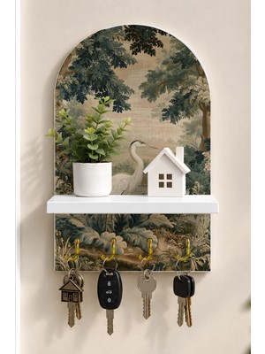 Onyx Lab Onyxlab Ormanda Balıkçıl Kuşu Temalı Raflı 4 Kancalı Duvar Anahtarlığı, 35 x 20 Cm, Mdf