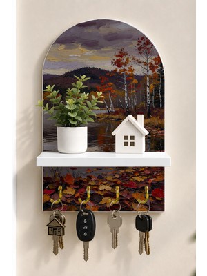 Soprano Sonbahar Nehri Temalı Raflı 4 Kancalı Duvar Anahtarlığı, 35 x 20 Cm, Mdf