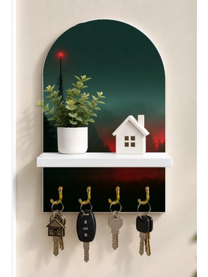 Soprano Ormanda Kırmızı Işıklı Kule Temalı Raflı 4 Kancalı Duvar Anahtarlığı, 35 x 20 Cm, Mdf