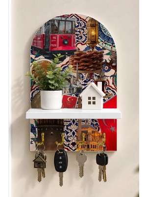 Soprano Istanbul Kırmızı Tramvay Kolajı Temalı Raflı 4 Kancalı Duvar Anahtarlığı, 35 x 20 Cm, Mdf