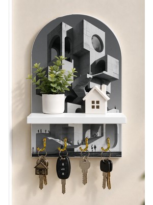 Soprano Siyah Beyaz Heykelsi Mimari Temalı Raflı 4 Kancalı Duvar Anahtarlığı, 35 x 20 Cm, Mdf
