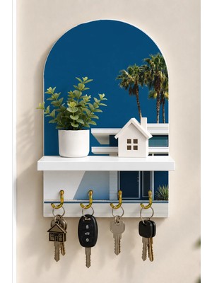 Soprano Mavi Gökyüzünde Palmiyeli Modern Ev Temalı Raflı 4 Kancalı Duvar Anahtarlığı, 35 x 20 Cm, Mdf