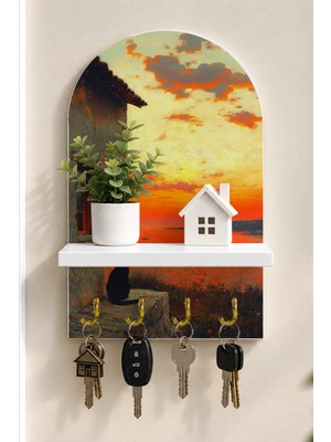 Soprano Gün Batımında Kıyıdaki Taş Ev Temalı Raflı 4 Kancalı Duvar Anahtarlığı, 35 x 20 Cm, Mdf