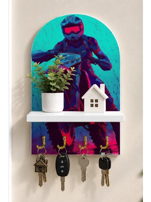 Soprano Neon Fonlu Motokros Sürücüsü Temalı Raflı 4 Kancalı Duvar Anahtarlığı, 35 x 20 Cm, Mdf
