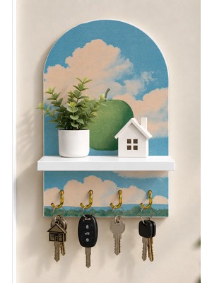 Soprano Bulutlar Önünde Yeşil Elma Temalı Raflı 4 Kancalı Duvar Anahtarlığı, 35 x 20 Cm, Mdf