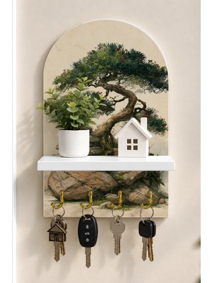Onyx Lab Onyxlab Kayalarda Bonsai Ağacı Temalı Raflı 4 Kancalı Duvar Anahtarlığı, 35 x 20 Cm, Mdf