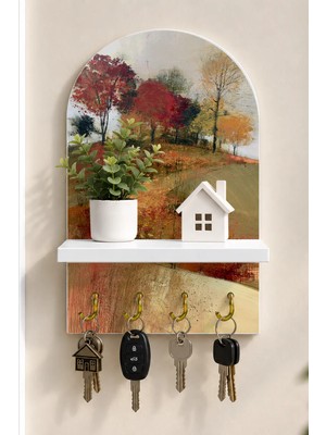Soprano Sonbahar Tepesinde Patika Temalı Raflı 4 Kancalı Duvar Anahtarlığı, 35 x 20 Cm, Mdf