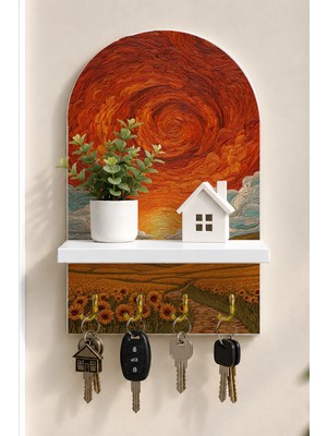 Onyx Lab Onyxlab Turuncu Gökyüzünde Spiral Güneş Temalı Raflı 4 Kancalı Duvar Anahtarlığı, 35 x 20 Cm, Mdf