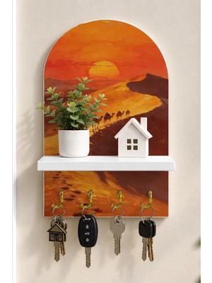 Onyx Lab Onyxlab Çölde Gün Batımı Kervanı Temalı Raflı 4 Kancalı Duvar Anahtarlığı, 35 x 20 Cm, Mdf