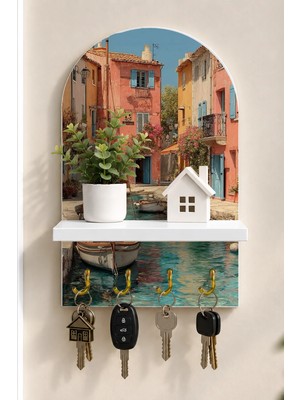 Onyx Lab Onyxlab Venedik Kanalında Gondol Temalı Raflı 4 Kancalı Duvar Anahtarlığı, 35 x 20 Cm, Mdf