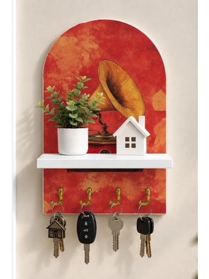 Onyx Lab Onyxlab Kırmızı Fonlu Antika Gramofon Temalı Raflı 4 Kancalı Duvar Anahtarlığı, 35 x 20 Cm, Mdf