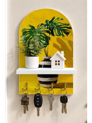 Onyx Lab Onyxlab Sarı Çizgili Vazoda Monstera Temalı Raflı 4 Kancalı Duvar Anahtarlığı, 35 x 20 Cm, Mdf