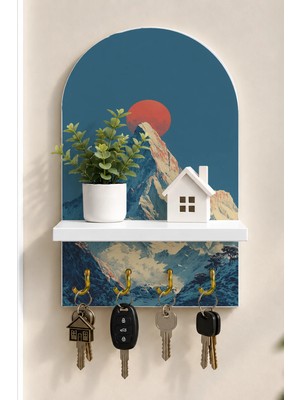 Onyx Lab Onyxlab Kırmızı Güneşli Karlı Dağ Temalı Raflı 4 Kancalı Duvar Anahtarlığı, 35 x 20 Cm, Mdf