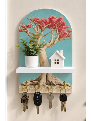 Onyx Lab Onyxlab Pembe Çiçekli Ağaç Temalı Raflı 4 Kancalı Duvar Anahtarlığı, 35 x 20 Cm, Mdf