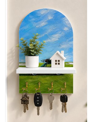 Onyx Lab Onyxlab Çimenlikte Yeşil Spor Otomobil Temalı Raflı 4 Kancalı Duvar Anahtarlığı, 35 x 20 Cm, Mdf