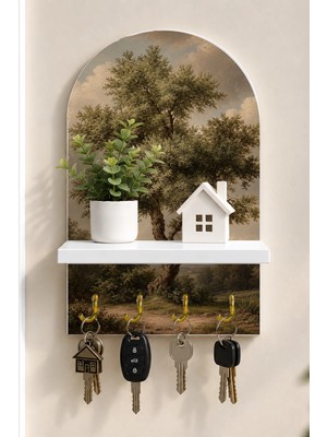 Onyx Lab Onyxlab Kırda Büyük Ağaç Temalı Raflı 4 Kancalı Duvar Anahtarlığı, 35 x 20 Cm, Mdf